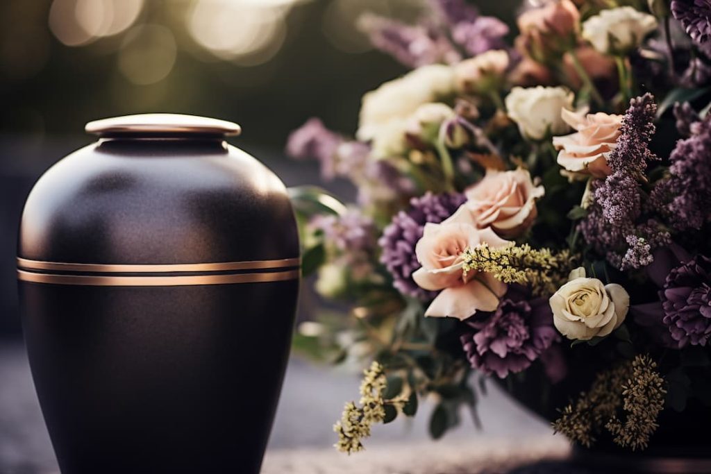 urn next to large flowers